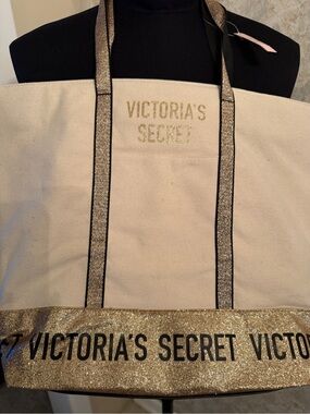Victoria's Secret Cream & Gold Glitter Canvas Tote